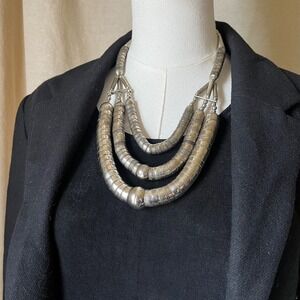 Vintage Statement Collar Necklace Multi Strand Silver Tubular Sculptural